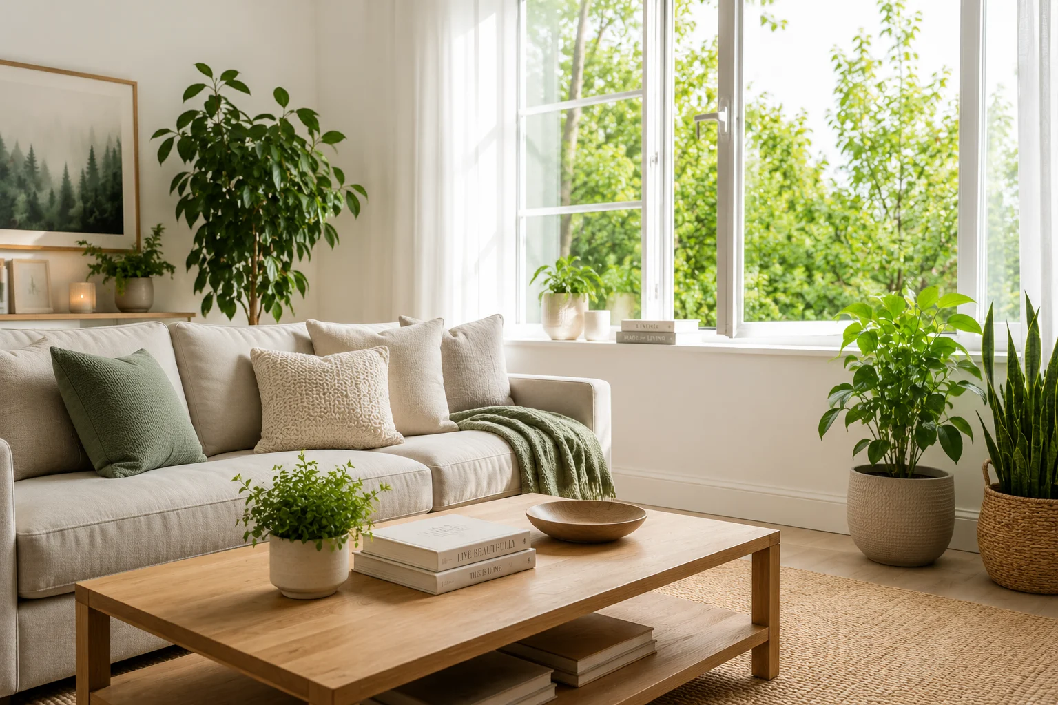 Indoor air quality editorial image with clean light and moisture-aware home styling