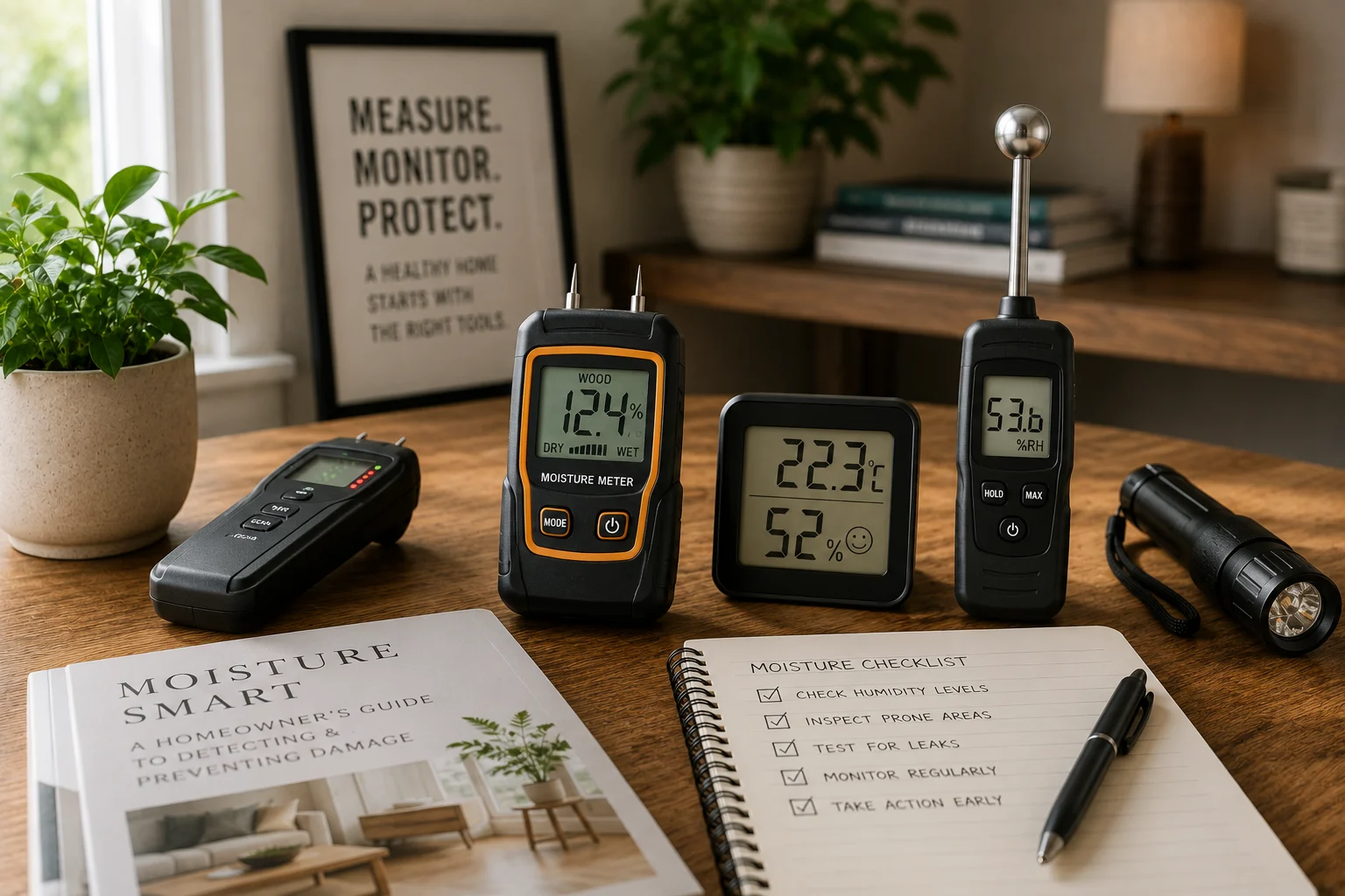 Moisture tools category image with measuring devices in a clean home setting