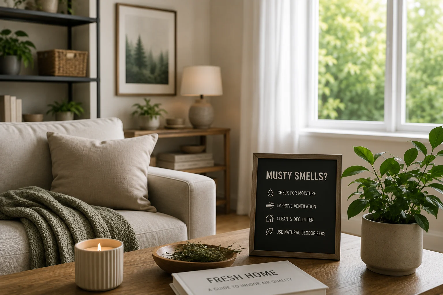 Musty smells category image showing a calm room with hidden moisture clues