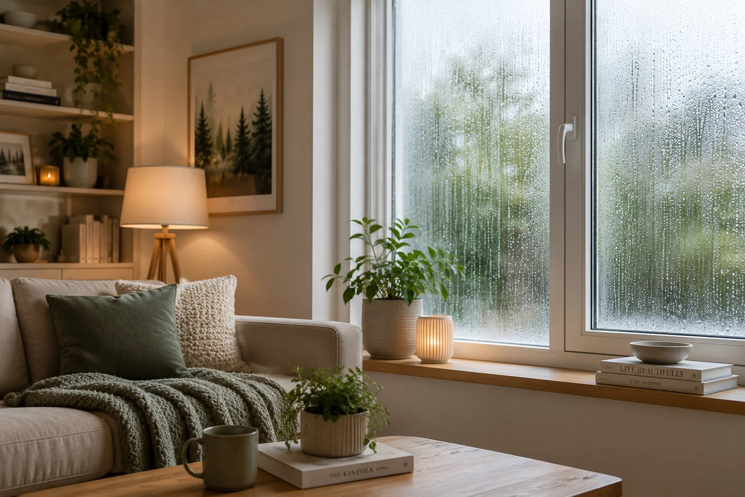 Bright home window scene with soft moisture light and editorial healthy-home styling