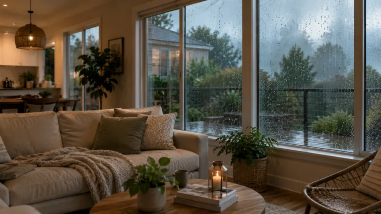 Cozy living room during rain with moisture on windows