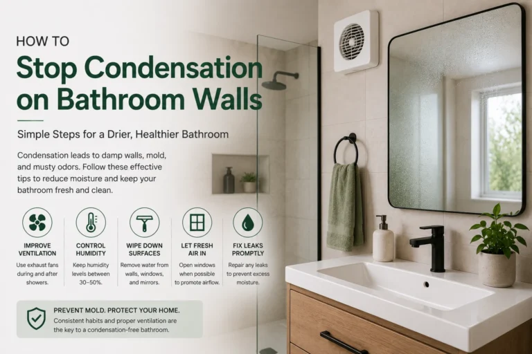 Bathroom wall condensation after a hot shower with soft editorial lighting