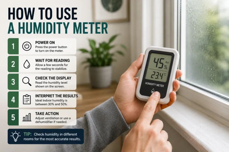 Person using a humidity meter near a window at home