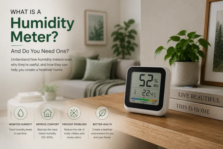 Digital humidity meter in a calm indoor room with healthy-home styling