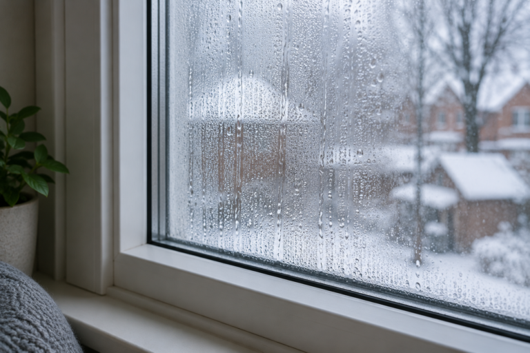 Winter window condensation with water droplets on cold glass