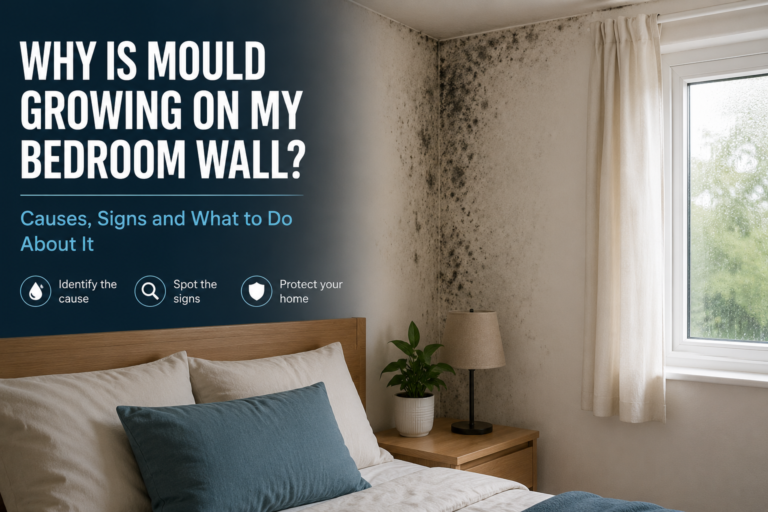 Mould growing on a bedroom wall near a window caused by moisture and poor ventilation