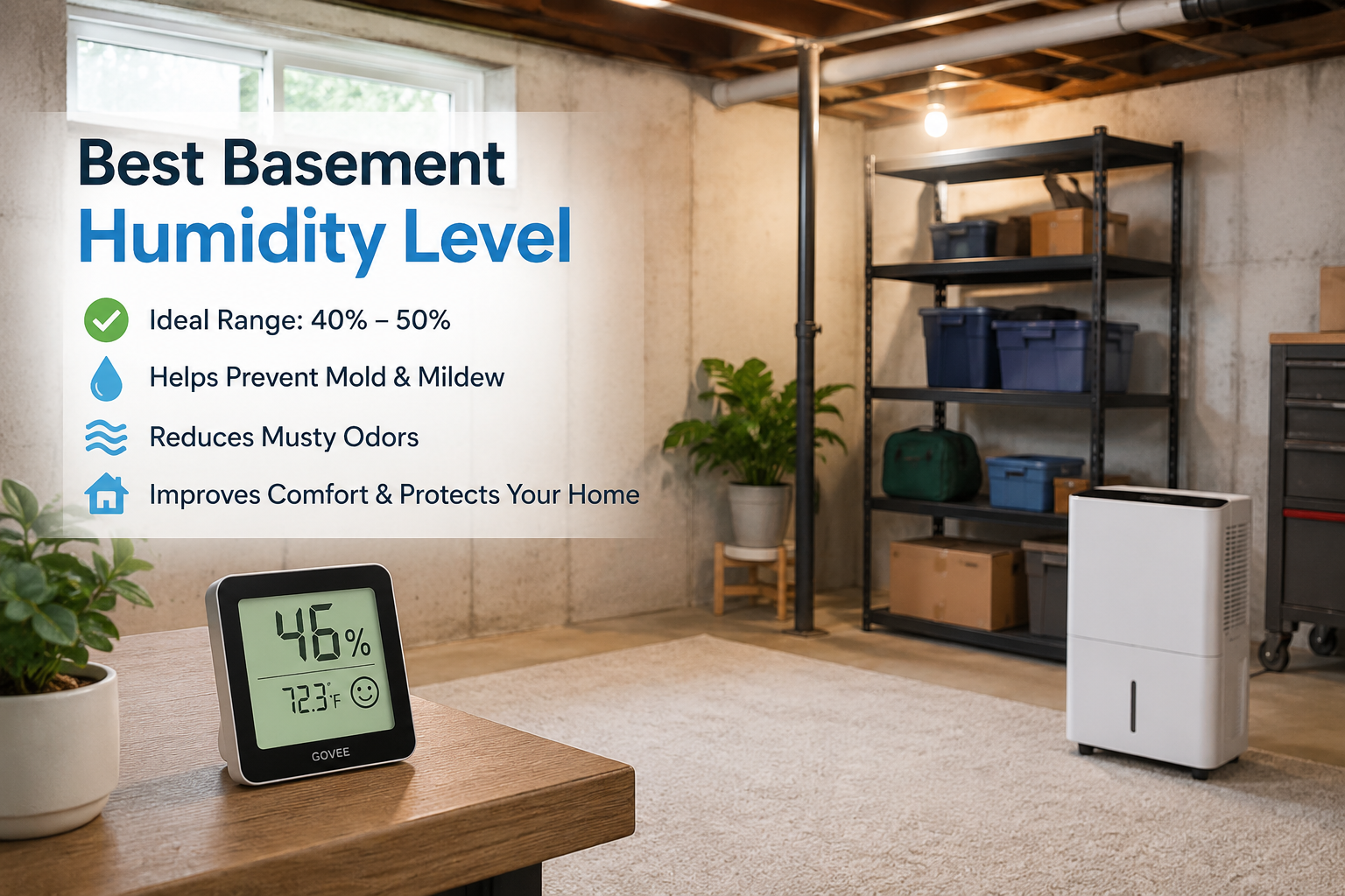 Digital hygrometer showing the best basement humidity level