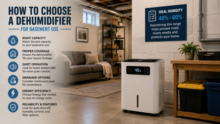 Dehumidifier in a basement with checklist showing how to choose the right unit for basement use