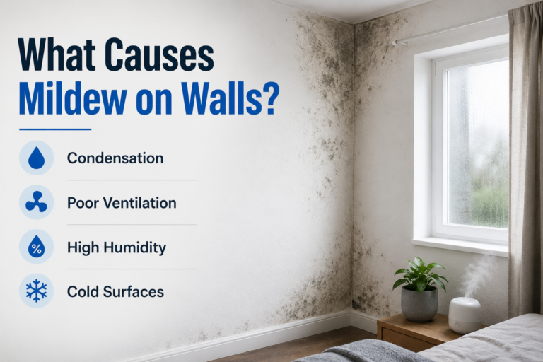 Mildew growing on a damp wall near a window