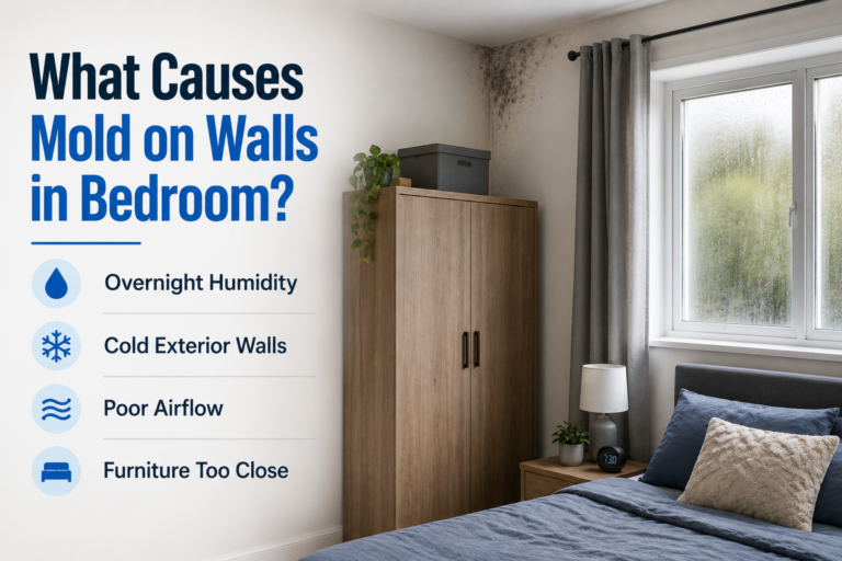 Mold on a bedroom wall near a window and wardrobe