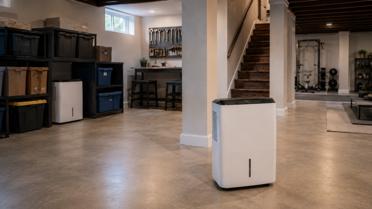 Correct and incorrect placement of a dehumidifier in a basement for better airflow