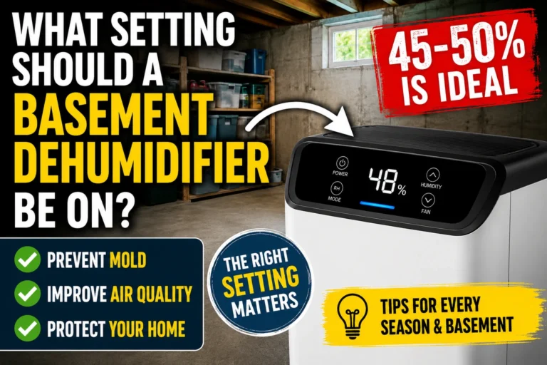 Basement dehumidifier set to 48 percent humidity with recommended 45 to 50 percent range