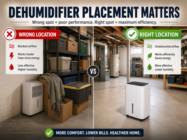 Dehumidifier placement comparison showing wrong and right basement locations
